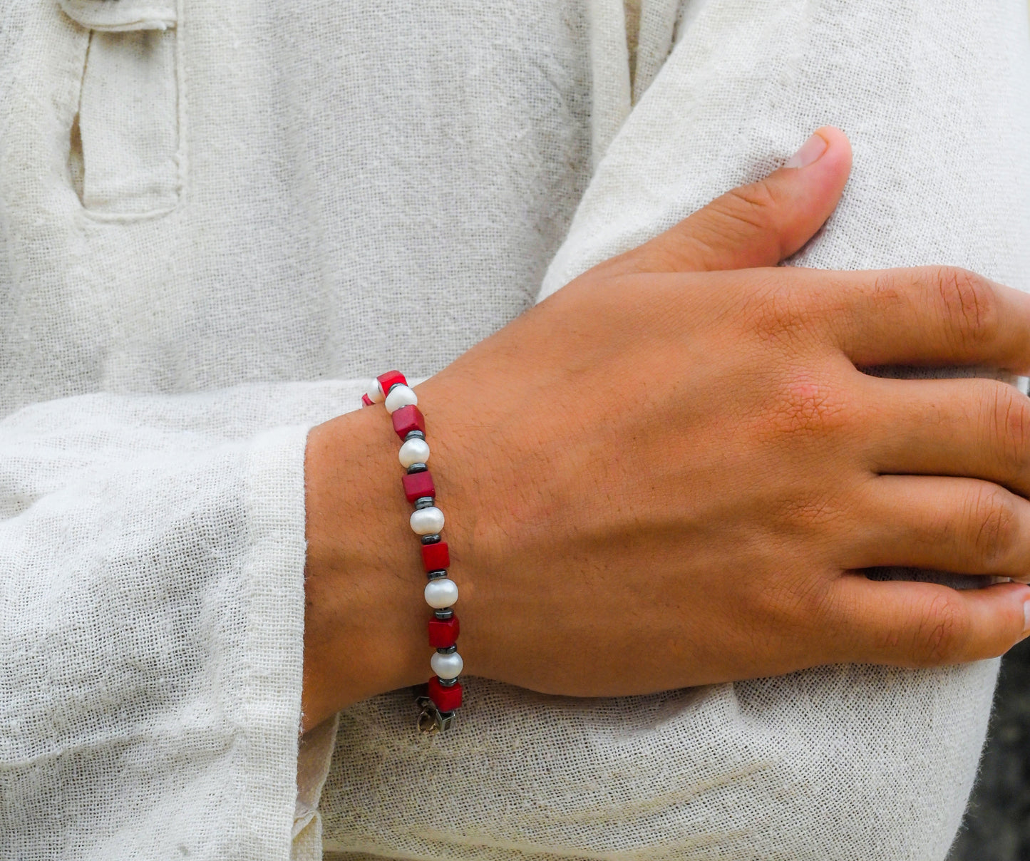 Red coral & Pearl Bracelet