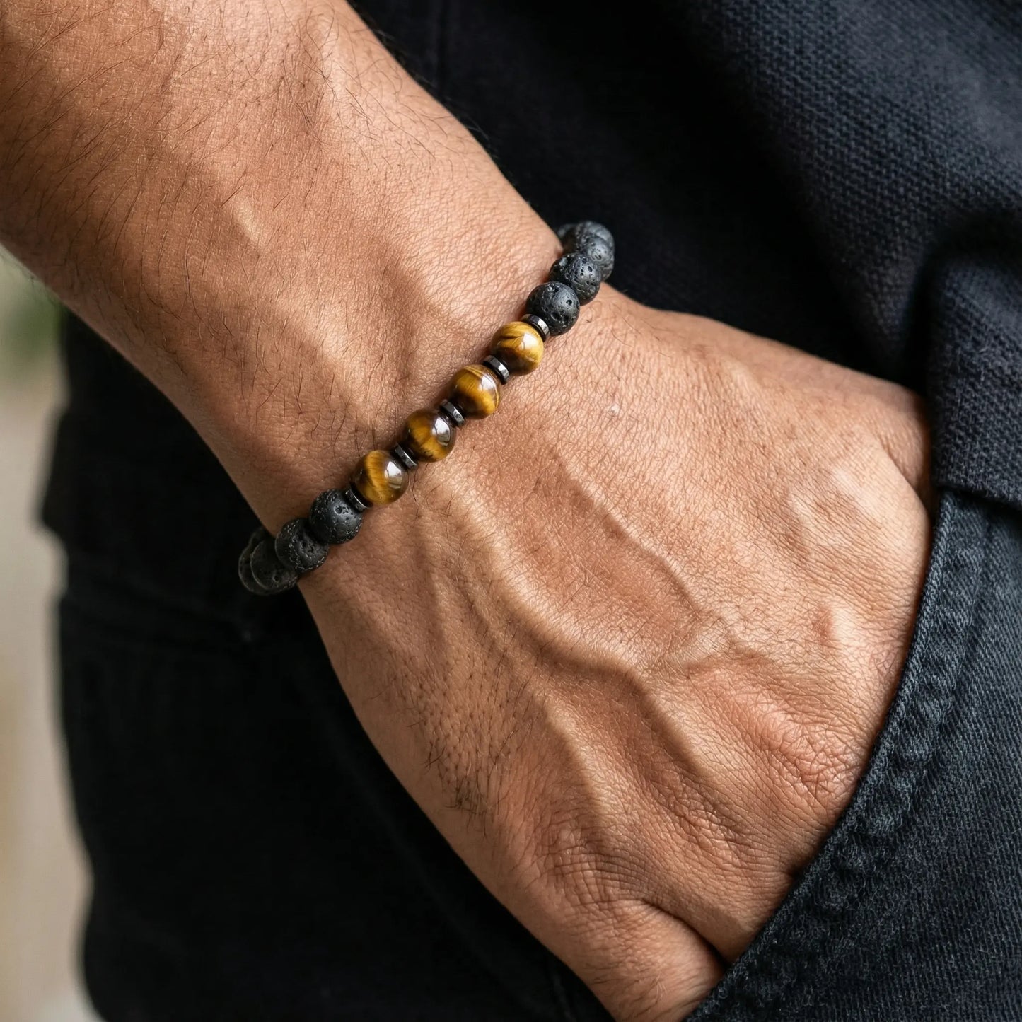 Tiger Eye and Lava Natural Stone Bracelet